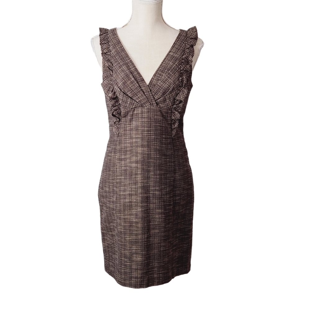 Cynthia Steffe Brown Beige Tweed Sleeveless Dress Ruffle Size 6